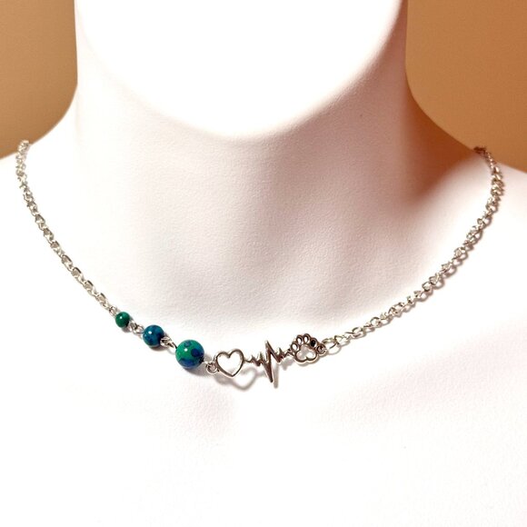 2/$20, Genuine Gemstone Chrysocolla + Silver Paw Print Heartbeat Short Necklace - Picture 1 of 10